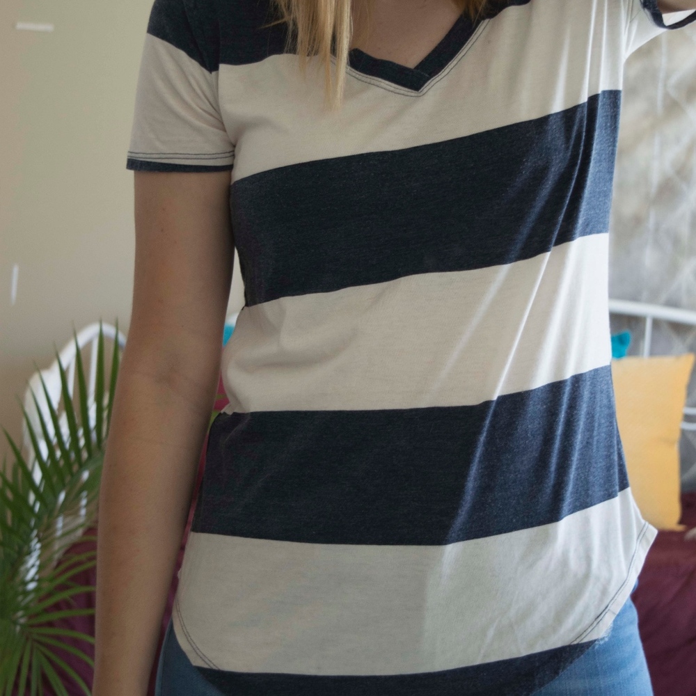 Blue & White Striped V-Neck Tee